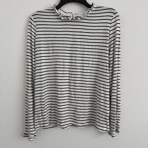 Kaileigh Womens Ruffle Neck Striped Long Sleeve Top Size L